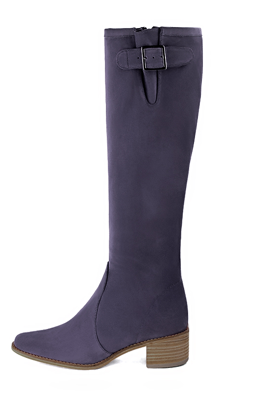 Lavender purple women's knee-high boots with buckles. Round toe. Low leather soles. Made to measure. Profile view - Florence KOOIJMAN
